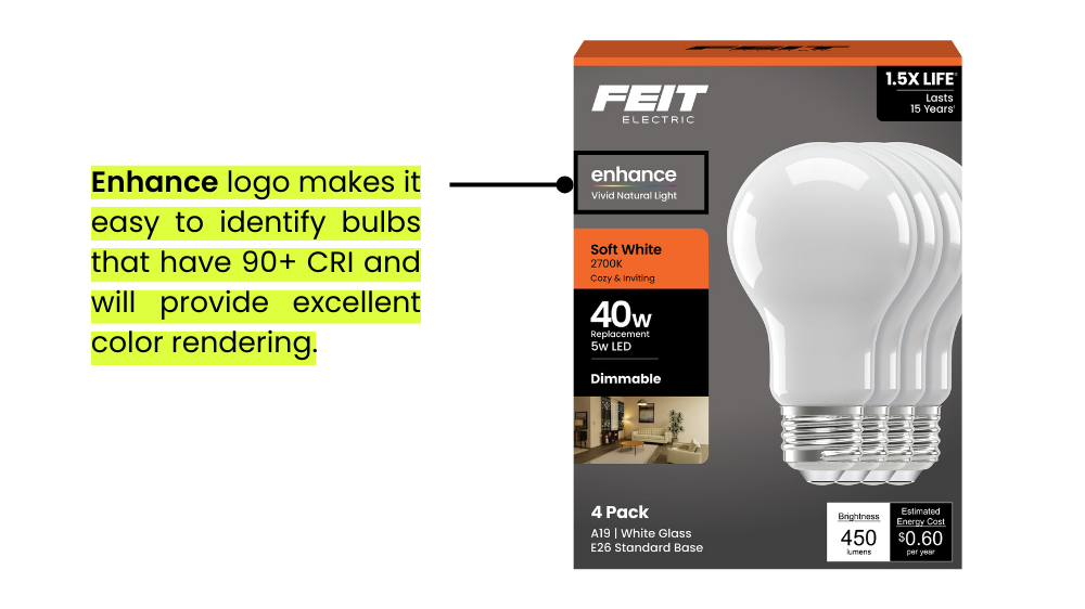 Feit Electric Enhance Vivid Natural Light 2700K 4-pack bulb box.