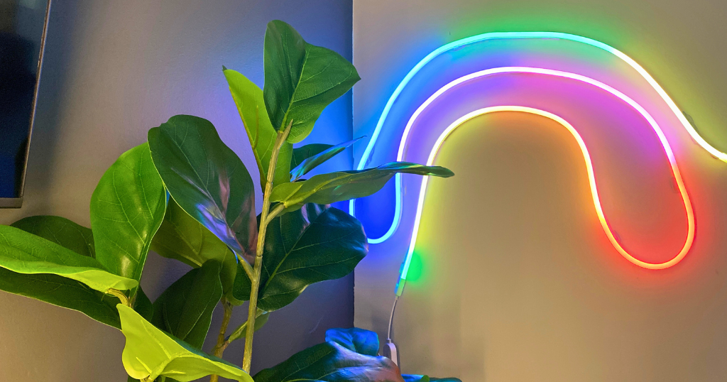 Feit Electric Smart Neon Flex Rope Light bent to a rainbow.